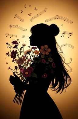 A captivating silhouette of a woman holding a bouquet of flowers symbolizing time, memories, and hopes