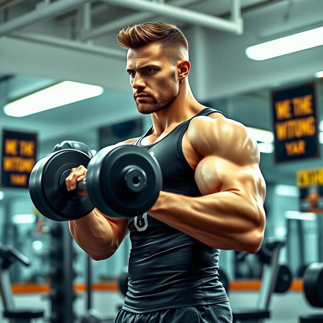 A muscular man lifting heavy dumbbells in a bright, modern gym