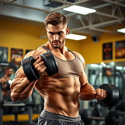 A muscular man lifting heavy dumbbells in a bright, modern gym