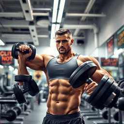 A muscular man lifting heavy dumbbells in a bright, modern gym