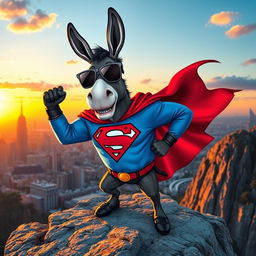 A cool donkey character inspired by Superman, donning a superhero cape and an emblem resembling a stylized D on its chest