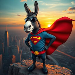 A cool donkey character inspired by Superman, donning a superhero cape and an emblem resembling a stylized D on its chest