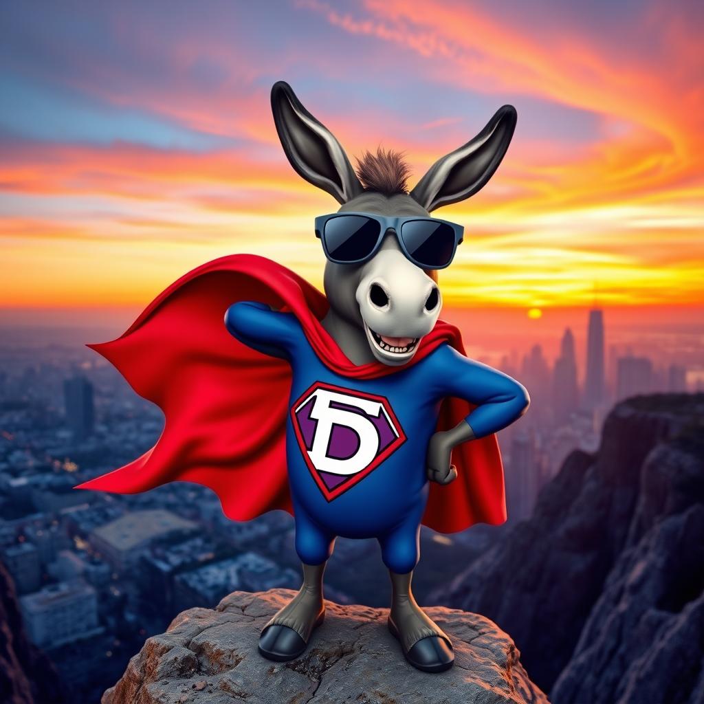 A cool donkey character inspired by Superman, donning a superhero cape and an emblem resembling a stylized D on its chest