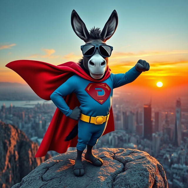 A cool donkey character inspired by Superman, donning a superhero cape and an emblem resembling a stylized D on its chest