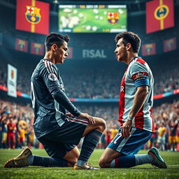 A dramatic scene capturing soccer superstar Cristiano Ronaldo kneeling on the ground facing fellow icon Lionel Messi
