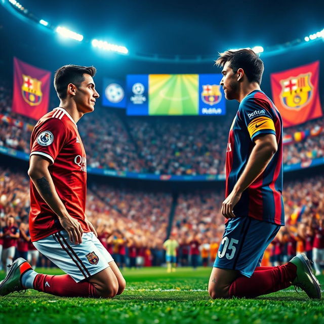 A dramatic scene capturing soccer superstar Cristiano Ronaldo kneeling on the ground facing fellow icon Lionel Messi