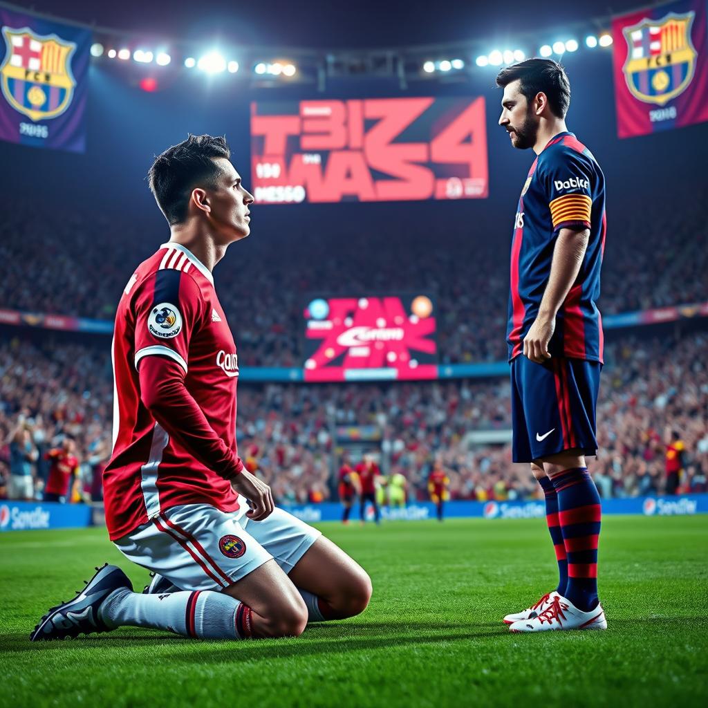 A dramatic scene capturing soccer superstar Cristiano Ronaldo kneeling on the ground facing fellow icon Lionel Messi