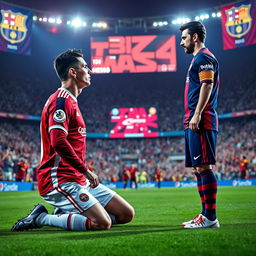 A dramatic scene capturing soccer superstar Cristiano Ronaldo kneeling on the ground facing fellow icon Lionel Messi