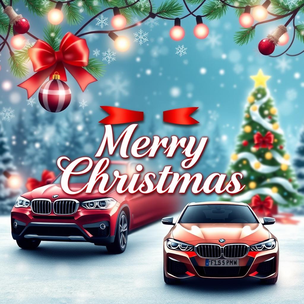 A festive Merry Christmas banner designed in a 16:9 aspect ratio, featuring elements reflecting a BMW theme