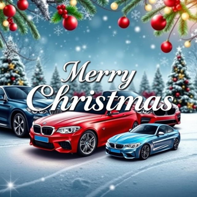 A festive Merry Christmas banner designed in a 16:9 aspect ratio, featuring elements reflecting a BMW theme