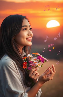 A serene scene featuring a woman holding delicate flowers symbolizing time, memories, and hopes