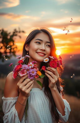 A serene scene featuring a woman holding delicate flowers symbolizing time, memories, and hopes