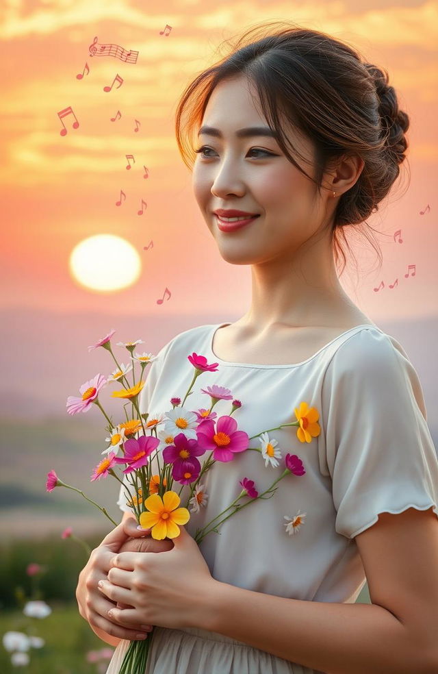 A serene scene featuring a woman holding delicate flowers symbolizing time, memories, and hopes