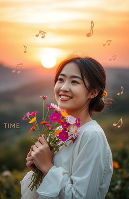 A serene scene featuring a woman holding delicate flowers symbolizing time, memories, and hopes