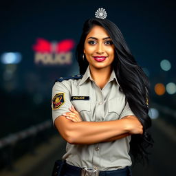 A striking portrait of an Indian female police officer in a full uniform, showcasing her confident demeanor and strong presence