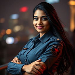 A striking portrait of an Indian female police officer in a full uniform, showcasing her confident demeanor and strong presence