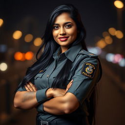 A striking portrait of an Indian female police officer in a full uniform, showcasing her confident demeanor and strong presence
