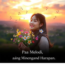 A serene scene featuring a woman holding delicate flowers symbolizing time, memories, and hopes
