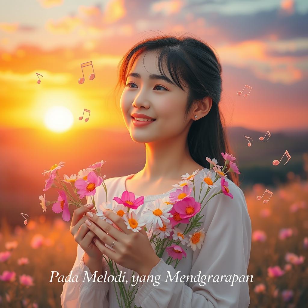 A serene scene featuring a woman holding delicate flowers symbolizing time, memories, and hopes