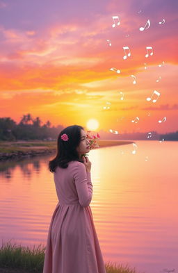 A woman with a contemplative expression, carrying a bouquet of flowers along a serene riverbank at sunset