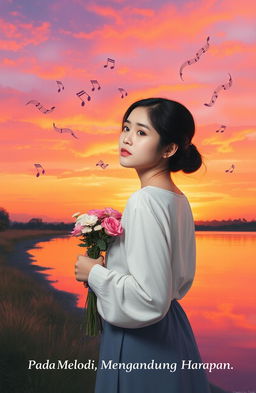 A woman with a contemplative expression, carrying a bouquet of flowers along a serene riverbank at sunset