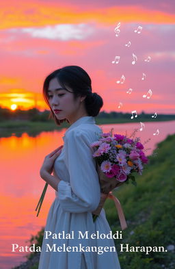 A woman with a contemplative expression, carrying a bouquet of flowers along a serene riverbank at sunset