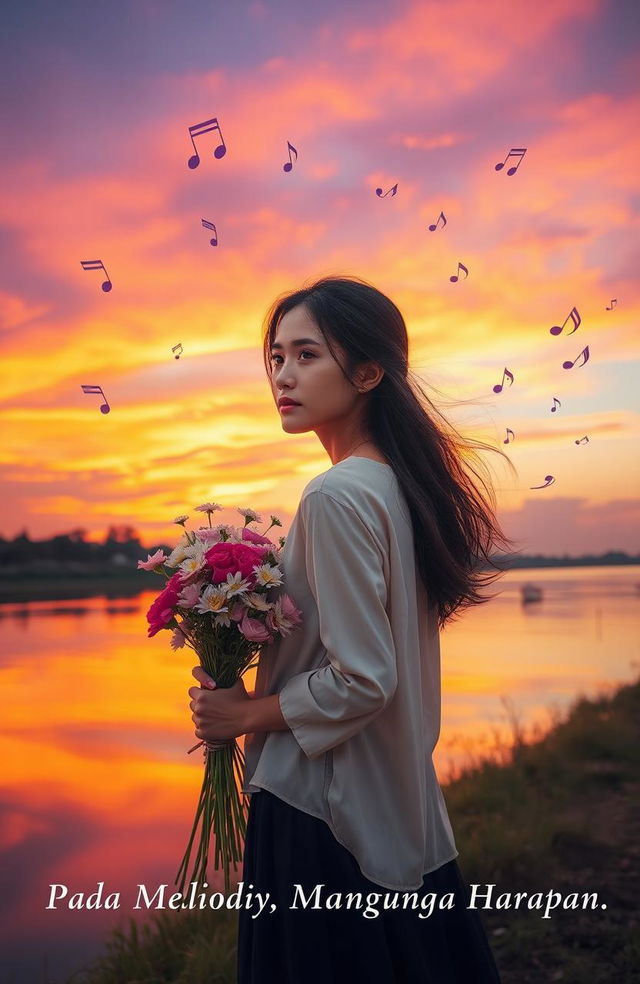 A woman with a contemplative expression, carrying a bouquet of flowers along a serene riverbank at sunset