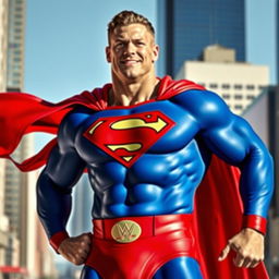 A superhero character inspired by John Cena's persona, resembling Superman with a muscular build and iconic cape, standing heroically in a vibrant cityscape