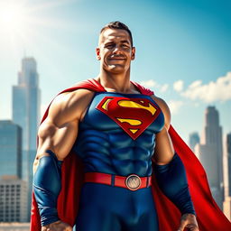 A superhero character inspired by John Cena's persona, resembling Superman with a muscular build and iconic cape, standing heroically in a vibrant cityscape