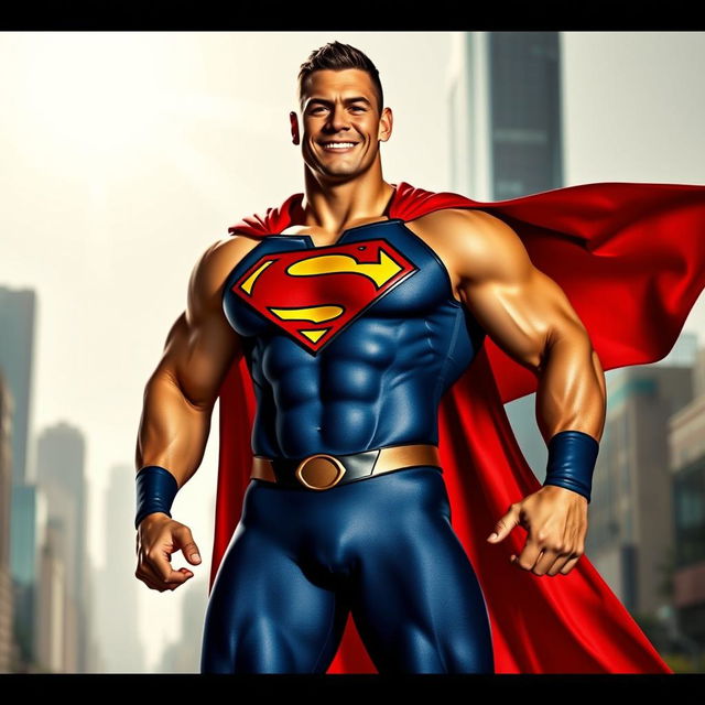 A superhero character inspired by John Cena's persona, resembling Superman with a muscular build and iconic cape, standing heroically in a vibrant cityscape