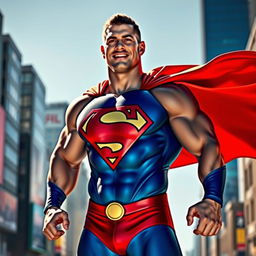 A superhero character inspired by John Cena's persona, resembling Superman with a muscular build and iconic cape, standing heroically in a vibrant cityscape