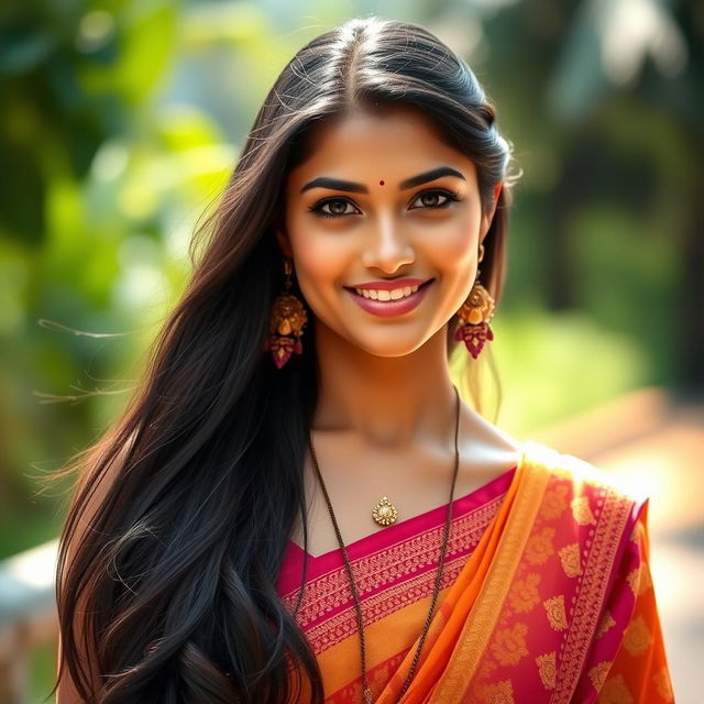 A beautiful Indian woman with long flowing dark hair and radiant skin, showcasing a confident and alluring expression