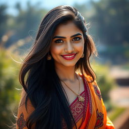 A beautiful Indian woman with long flowing dark hair and radiant skin, showcasing a confident and alluring expression