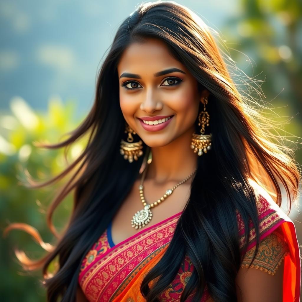 A beautiful Indian woman with long flowing dark hair and radiant skin, showcasing a confident and alluring expression