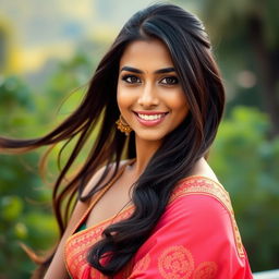 A beautiful Indian woman with long flowing dark hair and radiant skin, showcasing a confident and alluring expression