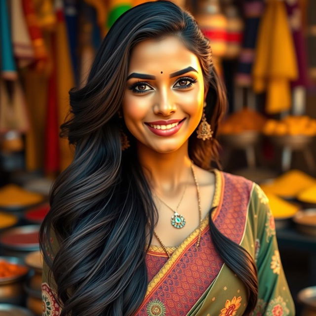 A stunning Indian woman with long, flowing black hair and expressive dark eyes, wearing a fashionable traditional outfit that highlights her beauty