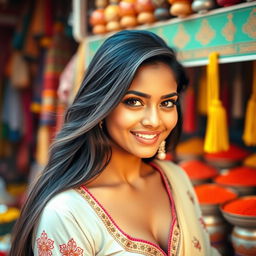 A stunning Indian woman with long, flowing black hair and expressive dark eyes, wearing a fashionable traditional outfit that highlights her beauty