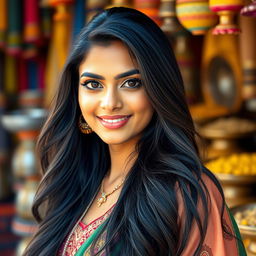 A stunning Indian woman with long, flowing black hair and expressive dark eyes, wearing a fashionable traditional outfit that highlights her beauty