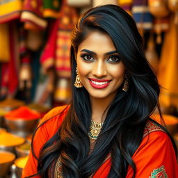 A stunning Indian woman with long, flowing black hair and expressive dark eyes, wearing a fashionable traditional outfit that highlights her beauty