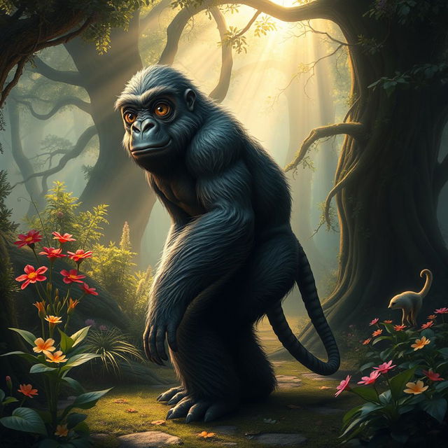 A mythical hybrid creature that combines features of a gorilla and a meerkat, standing in a mystical, enchanted forest