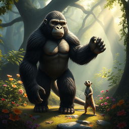 A mythical hybrid creature that combines features of a gorilla and a meerkat, standing in a mystical, enchanted forest