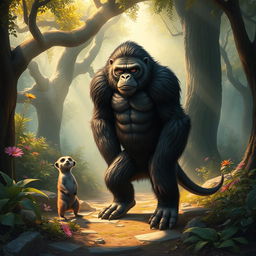 A mythical hybrid creature that combines features of a gorilla and a meerkat, standing in a mystical, enchanted forest