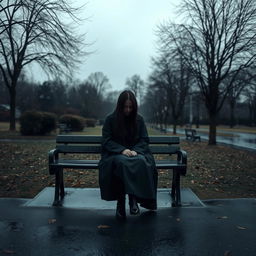 A solitary figure sitting on a deserted park bench under a grey, cloudy sky, with raindrops gently falling around them, creating puddles on the ground