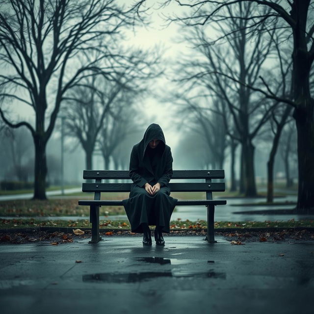 A solitary figure sitting on a deserted park bench under a grey, cloudy sky, with raindrops gently falling around them, creating puddles on the ground