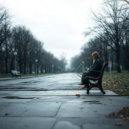 A solitary figure sitting on a deserted park bench under a grey, cloudy sky, with raindrops gently falling around them, creating puddles on the ground
