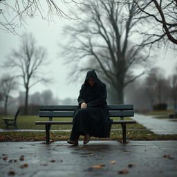 A solitary figure sitting on a deserted park bench under a grey, cloudy sky, with raindrops gently falling around them, creating puddles on the ground