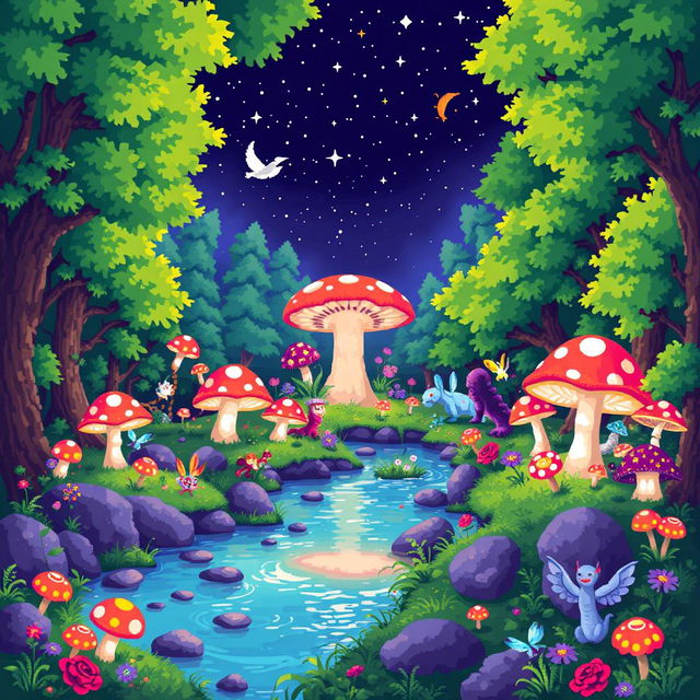 A vibrant pixel art scene depicting a magical forest filled with glowing mushrooms, fantastical creatures, and a serene river, all rendered in a colorful, retro 8-bit style