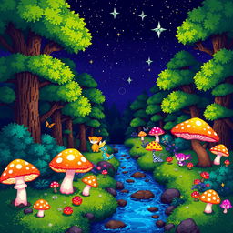 A vibrant pixel art scene depicting a magical forest filled with glowing mushrooms, fantastical creatures, and a serene river, all rendered in a colorful, retro 8-bit style