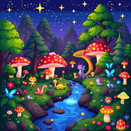 A vibrant pixel art scene depicting a magical forest filled with glowing mushrooms, fantastical creatures, and a serene river, all rendered in a colorful, retro 8-bit style