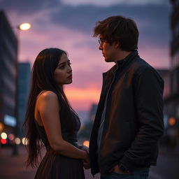 A poignant scene capturing the emotions of a love breakup, featuring a couple standing on a city street at dusk
